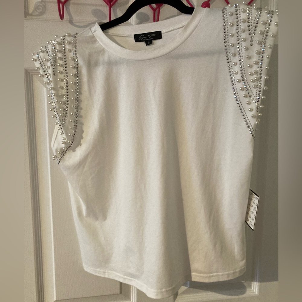 On 12th White Pearl Embellished Top
